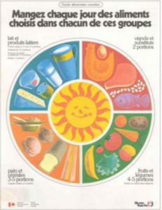 On illustre pour la première fois, les 4 groupes alimentaires autour d’un soleil chaque groupe est égal, occupant le quart du cercle.